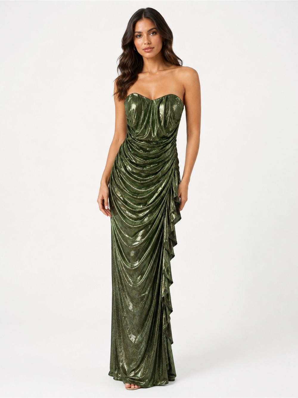 NWT ~ Jump Apparel Stapless Metallic Green Ruched Gown ~ Size M | MSRP $129